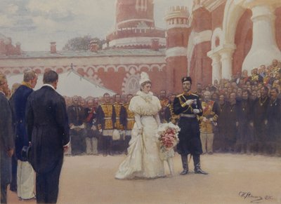 Nicolau II recebendo anciãos do distrito rural em 18 de maio de 1896 no pátio do Palácio Petrovsky em Moscou, 1897 de Ilya Efimovich Repin