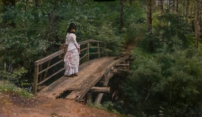PAISAGEM DO VERÃO. VERA REPINE EM UMA PEQUENA PONTE EM ABRAMTSEVO de Ilya Efimovich Repin