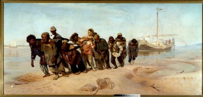 Os Barqueiros do Volga Um grupo de homens (transportadores) extrai um barco da água na Rússia - Pintura por Ilia (Ilya) Repine (1844-1930), óleo sobre tela de Ilya Efimovich Repin