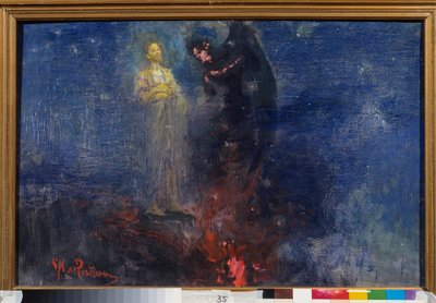 Apanha-te, pois, Satanás! (Apanha-te, pois, Satanás!). (Jesus Cristo repele o diabo, numa paisagem nocturna). Pintura por Ilya Repin (Ilia Repine) (1844-1930), óleo sobre tela, depois de 1850. Arte russa de Ilya Efimovich Repin