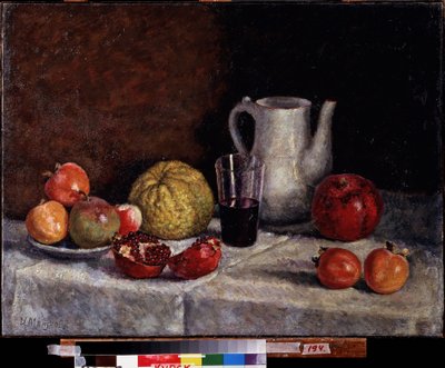 Natureza morta com uma romã. Pintura de Ilya Ivanovich Mashkov (Ilia Machkov, Matchkov) (1881-1944), óleo sobre tela, finais de 1930. Arte russa do século XX, arte soviética. Regional A. Galeria de Arte Deineka, Kursk (Rússia). de Ilya Ivanovich Mashkov