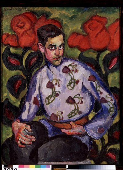 Retrato de um rapaz com uma camisa com flores. Pintura de Ilya Ivanovich Mashkov (Ilia Machkov, Matchkov) (1881-1944), óleo sobre tela de Ilya Ivanovich Mashkov