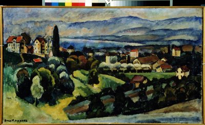 Vista da Cidade de Nervi (Itália). Descrição da paisagem e da pequena cidade na costa da Riviera italiana, perto de Génova, no Verão. Pintura de Ilya Ivanovich Mashkov (Ilia Machkov, Matchkov) (1881-1944), óleo sobre tela. de Ilya Ivanovich Mashkov
