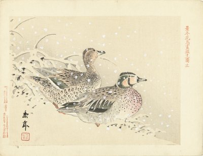 Casal de patos na neve Esboços de flores e pássaros por Keinen (título da série) Keinen kacho gafu (título da série no objeto) de Imao Keinen