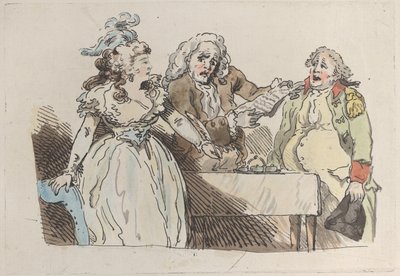 Uma jovem herdeira se prepara para assinar um documento, 1780-1800., 1780-1800. de Imitator of Thomas Rowlandson.