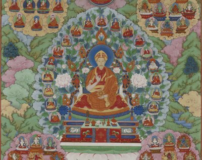 Detalhe do Imperador Qianlong como Manjusri, o Bodhisattva da Sabedoria, Dinastia Qing de Imperial Workshop