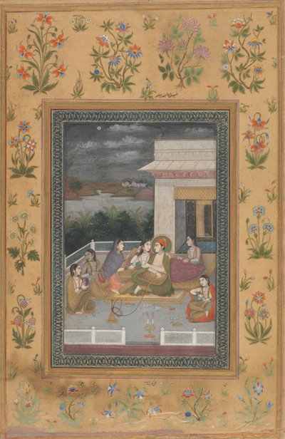Um casal em um terraço cercado por atendentes e músicos de Indian 18th Century