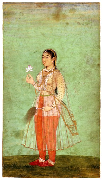 Uma senhora com flor e batedeira, c.1630 de Indian Art