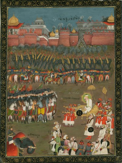 A conquista de Golkonda pelo imperador Mughal Aurangzeb em 1687, ca 1760 de Indian Art