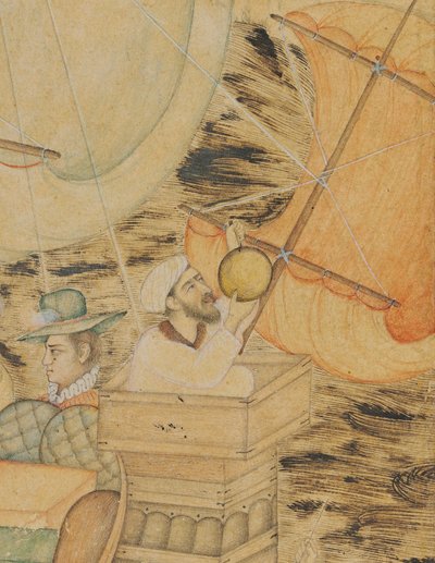 Uma caravela atacada por um monstro marinho, Mughal Índia, c.1590 (pigmentos opacos realçados com ouro e prata no papel) de Indian School