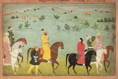 Um príncipe jasrota, possivelmente Balwant Singh, em uma expedição de montaria, por Nainsukh (fl. 1740-50) Caxemira, c.1751 de Indian School