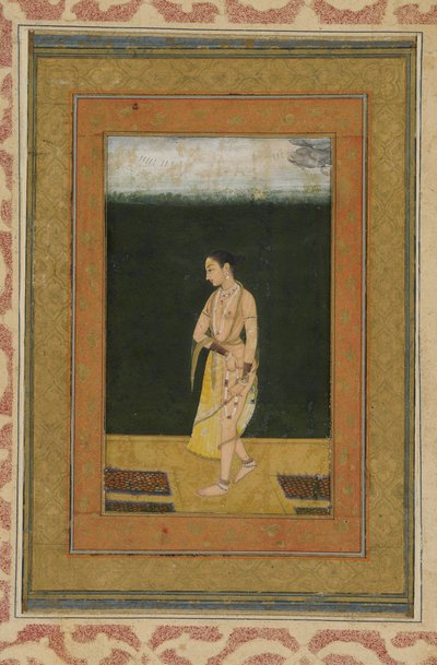 Uma senhora caminha em um jardim, álbum folio com pintura, c.1730 de Indian School