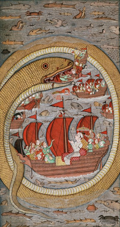 Uma serpente monstruosa devorando a frota real, c.1670-1690 de Indian School