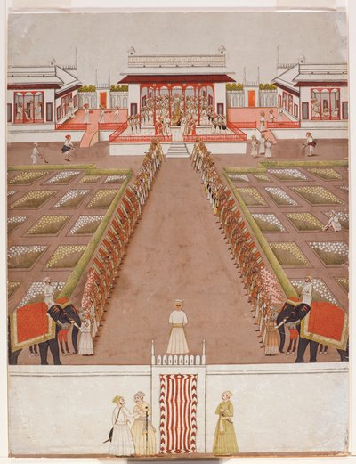 Uma quadra de Nawab dentro de um pavilhão, além de uma avenida de retentores e dois elefantes, cerca de 1765 (wc opaco e ouro sobre papel) de Indian School
