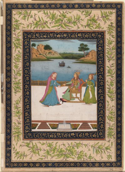 Uma mulher é servida frutas em um terraço, c.1770 (wc opaca, ouro e prata no papel) de Indian School
