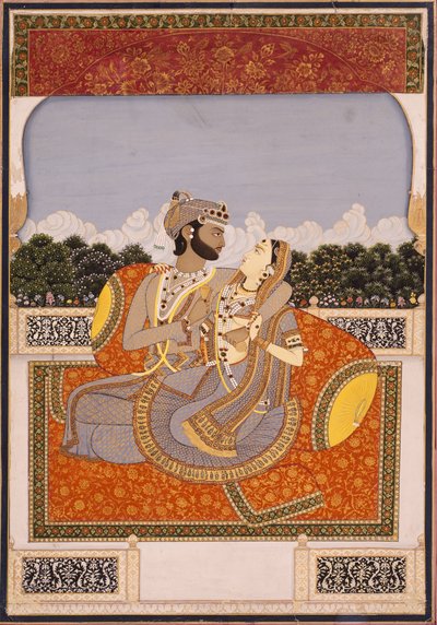 Um casal se abraça em um terraço, c.1835 (wc opaca, laca, ouro e vidro sobre papel) de Indian School