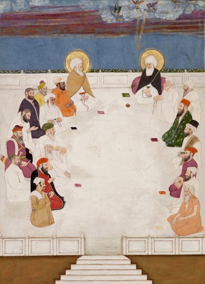 Um grupo de santos indianos e homens santos, incluindo Mullah Shah e Aurangzeb, sentados, c.1725 (wc opaca e ouro no papel) de Indian School