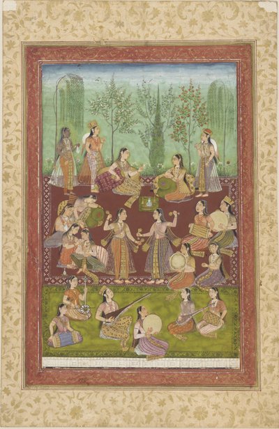 Um grupo de mulheres em um jardim, entretendo-se com música e dança (cor e ouro no papel) de Indian School