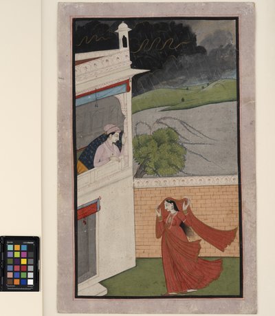 Uma senhora chega à casa de seu amante no meio de uma tempestade, por volta de 1830 (opaco w - c e dourado no papel) de Indian School