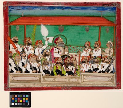 Um maharana fumando seu narguilé em durbar, c.1870 (aquarela opaca e ouro sobre papel) de Indian School