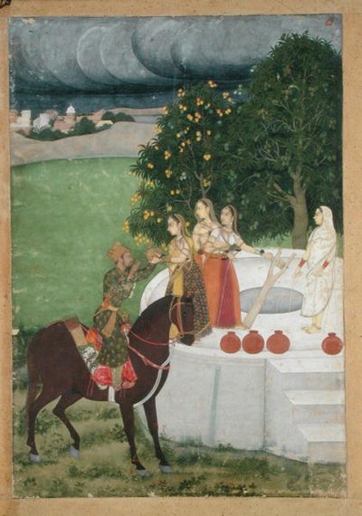 Um príncipe montado a receber água de senhoras num poço, miniatura de Murshidabad, c.1760 (guache no papel) de Indian School