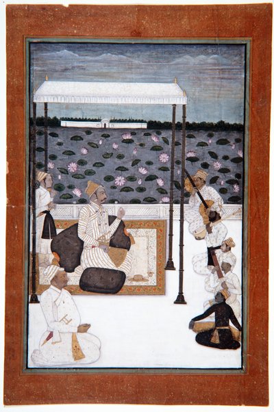 Um nobre ouve música sob um dossel em um terraço junto a um lago, cerca de 1680 (wc opaco e ouro sobre papel) de Indian School