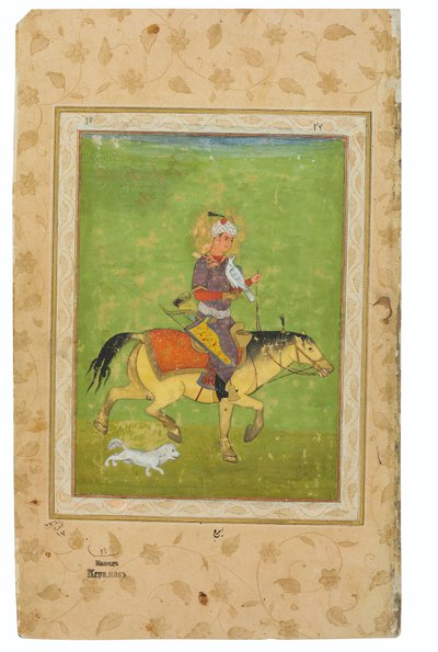 Uma pintura de Iraj a cavalo caçando com um falcão, Índia, período Mughal, final do século XVI (pigmentos opacos e ouro em wasli) de Indian School