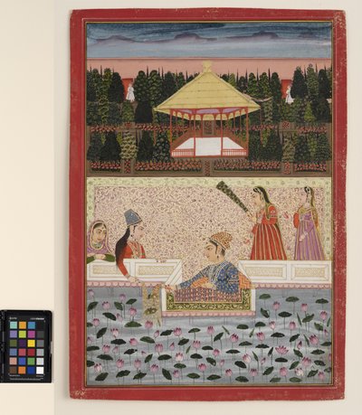 Um príncipe e uma princesa brincam com brilhantes perto de uma piscina de lótus, c.1760 (aquarela opaca e ouro sobre papel) de Indian School