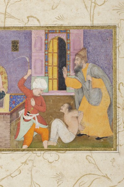 Um prisioneiro é levado à justiça, detalhe, c.1610 (wc e ouro opaco) de Indian School