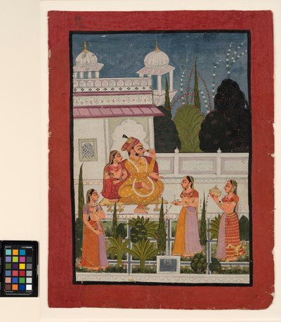 Um rajá em um terraço com seu rani, frequentado por três mulheres, final do século 18 (aquarela opaca sobre papel) de Indian School