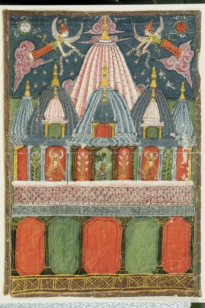 Um templo contendo uma imagem de Venu-gopala-krishna com duas dançarinas se apresentando para a divindade, 1823 de Indian School