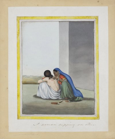 Uma mulher cobrindo outra, c.1815 (wc opaca no papel) de Indian School
