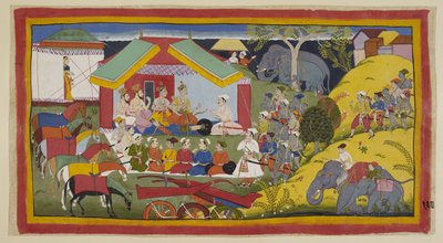 Adicione 15296 (1) f.100r, Bharata e seus seguidores chegaram à capital do Reino Nishada. Em seu acampamento na margem do Ganga, Bharata, seu irmão e ministros estão sentados em durbar na frente de sua tenda. O Nishadaking Guha vem com de Indian School