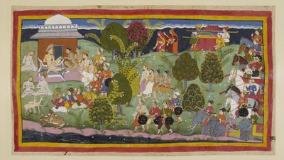 Adicione 15296 (1) f.105r, Os dois príncipes, os brâmanes e os ministros aproximam-se do eremitério de Bharadvaja a pé, com as três rainhas a uma distância no horizonte seguidas por suas liteiras. O exército com seus elefantes e carruagens espera atrás. No de Indian School