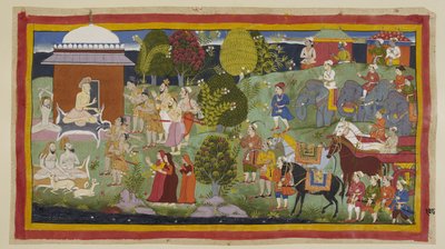 Adicione 15296 (1) f.108r, Bharadvaja, sentado fora de sua cabana com outros ascetas e veados, pergunta aos príncipes se eles desfrutaram de sua hospitalidade. Ele diz a eles e seus companheiros que Rama está morando em Citrakuta. A seu pedido, os príncipe de Indian School