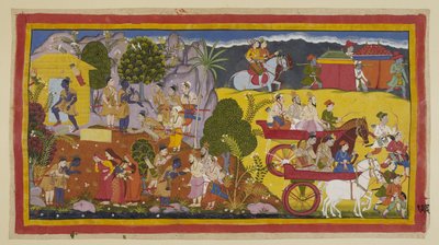 Acrescentar 15296 (1) f.126r, Apesar das súplicas do seu irmão para voltar a governar Ayodhya, Rama Ramains adamant em aderir ao comando do seu pai. Ele consegue finalmente persuadir Bharata a governar o reino até ao seu regresso, após catorze anos. Bharat de Indian School
