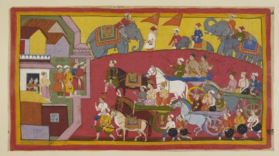 Acrescentar 15296 (1) f.128r, As carruagens de Vasistha e dos príncipes, frequentadas por vários ministros e pessoas, entram na cidade de Nandigrama. de Indian School
