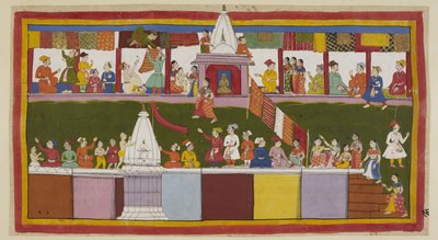 Acrescentar 15296 (1) f.16r, Na rua principal da cidade de Ayodhya, os comerciantes animados decoram as suas lojas com os seus melhores brocados, enquanto as pessoas sobem no topo das casas, e sobre os templos, para garantir a melhor vista do processo de c de Indian School