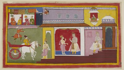 Acrescentar 15296 (1) f.18r, Vasistha regressa ao palácio e diz a Dasaratha que está tudo preparado para a cerimónia. Dasaratha retira-se para uma câmara interior do palácio. Acima, o criado de Kaikeyi Manthara olha para fora de uma janela superior e obser de Indian School