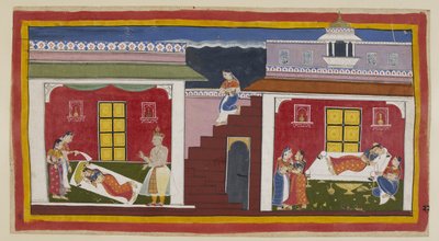 Adicione 15296 (1) f.22r, Manthara desce de cima e entra no quarto de Kaikeyi, à direita, e a acorda com a notícia da coroação iminente. Kaikeyi é primeiro preenchido com prazer e ascensão, presenteia Manthara com um colar de cerca de sua pers de Indian School