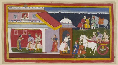 Adicionar 15296 (1) f.41r, Tendo finalmente convencido a sua mãe e irmão a aceitar calmamente o seu destino, Rama e Laksmana regressam ao seu próprio palácio na carruagem, a cabeça de Rama curvada na sua habitual humildade. São recebidos por Sita, que prim de Indian School