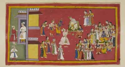 Adicione 15296 (1) f.50r, Dasaratha já havia ordenado a Sumantra que convocasse suas rainhas e todas as suas esposas, que agora cercam o rei quando Sumantra traz os exilados para se despedirem. Dasaratha tenta persuadir Rama a não ir para a floresta, nem m de Indian School