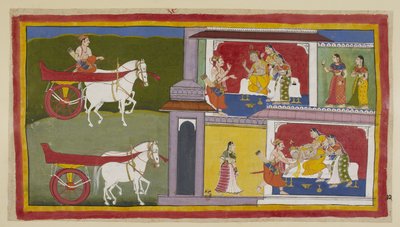 Adicionar 15296 (1) f.72r, À esquerda, Sumantra retorna a Ayodhya e entra no palácio para dar a última mensagem de Rama ao rei, que está sentado com Kausalya e Sumitra ao lado dele. O rei desmaia e é pego por Sumantra e as rainhas. de Indian School