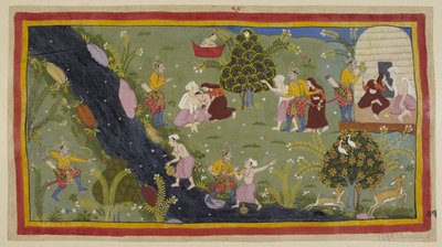 Acrescente 15296 (1) f.79r, Dasaratha conta às rainhas sobre o incidente na sua juventude quando matou acidentalmente o filho de um sábio enquanto caçava. À esquerda, Dasaratha aponta erroneamente o seu arco através das árvores para o jovem, que está a enc de Indian School
