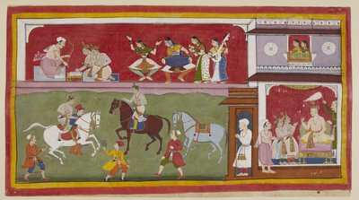 Acrescente 15296 (1) f.7r, À direita no palácio, os príncipes pedem ao rei professores de religião, artes e ciências, enquanto acima de duas senhoras numa janela de jharokha alcatifada olham para elas à esquerda enquanto praticam a equitação no campo de ex de Indian School