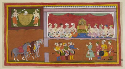 Adicionar 15296 (1) f.82r, Na ausência de seus filhos o corpo do rei é colocado em um caldeirão de óleo, com atendentes abanando-o com reverência, enquanto no salão durbar ministros e brâmanes debatem o que fazer, em ambos os lados da vaga. trono. Vasistha de Indian School