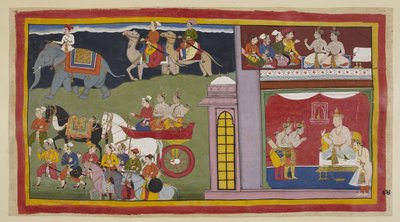 Adicione 15296 (1) f.84r, Os mensageiros, em uma câmara superior, dizem aos príncipes para retornarem a Ayodhya. Abaixo, na sala do trono, vestidos para a viagem, os príncipes se despedem do rei Kaikeyi e de seu filho Yudhajit. Eles se sentam em uma carrua de Indian School