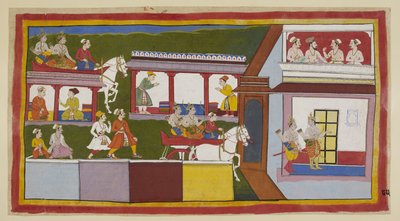 Adicionar 15296 (1) f.85r, Os príncipes em sua carruagem percorrem a rua principal de Ayodhya, admirando a mudança na cidade desde que a deixaram, e então entram no palácio, com gestos questionadores. Em um cenáculo, um brâmane e três ministros se reúnem de Indian School