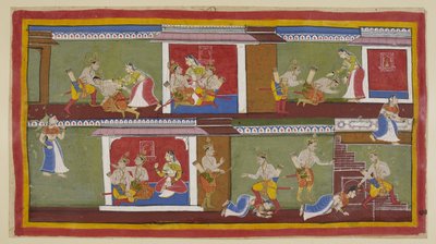 Adicione 15296 (1) f.89r, No alto à direita, Bharata e Shatrughna cumprimentam Kaikeyi, que os leva no colo, e eles conversam sobre acontecimentos recentes. Bharata cai desmaiado quando ouve sobre a morte de seu pai e o que sua mãe fez para protegê-lo de Indian School