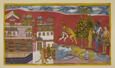 Adicionar 15296 (2) f.16r, Back outside the palace of Kiskindha de Indian School